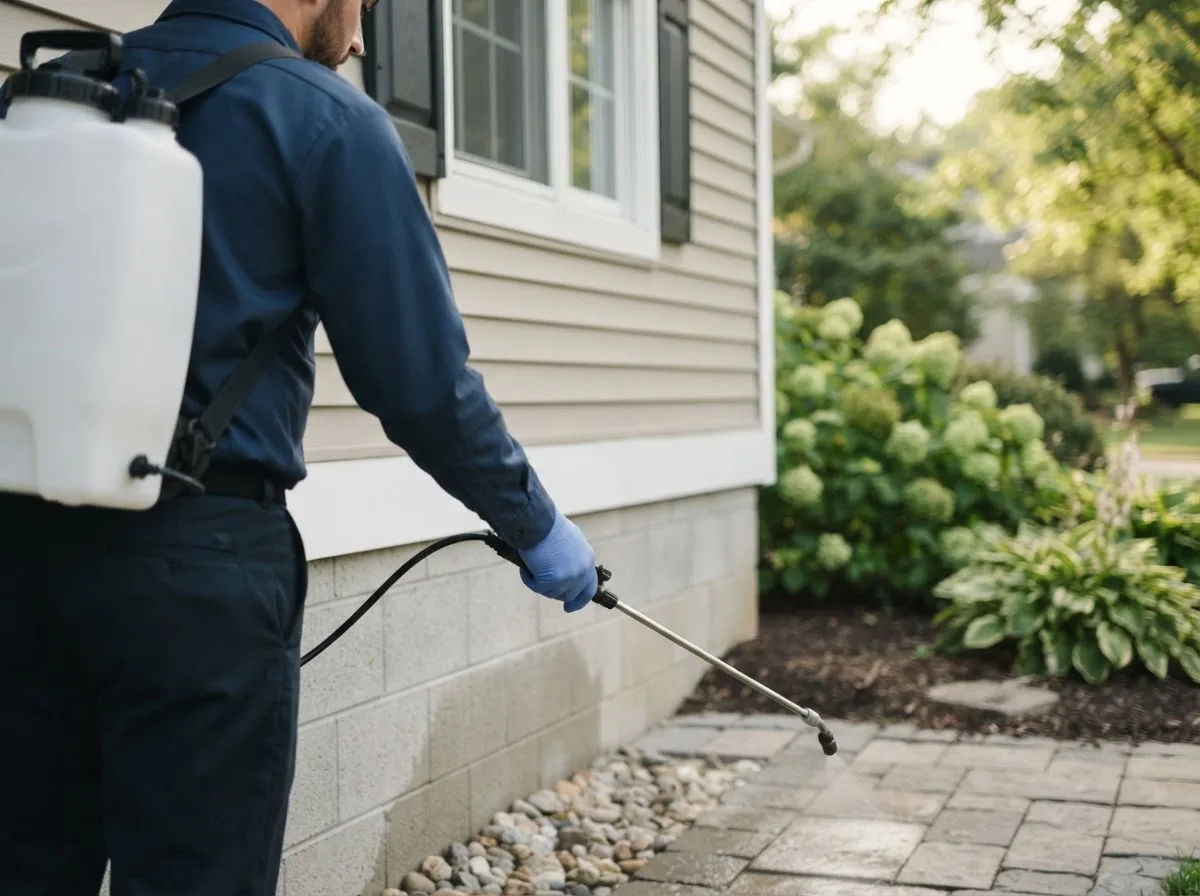 Pest control technician inspecting a home in Forest City, PA